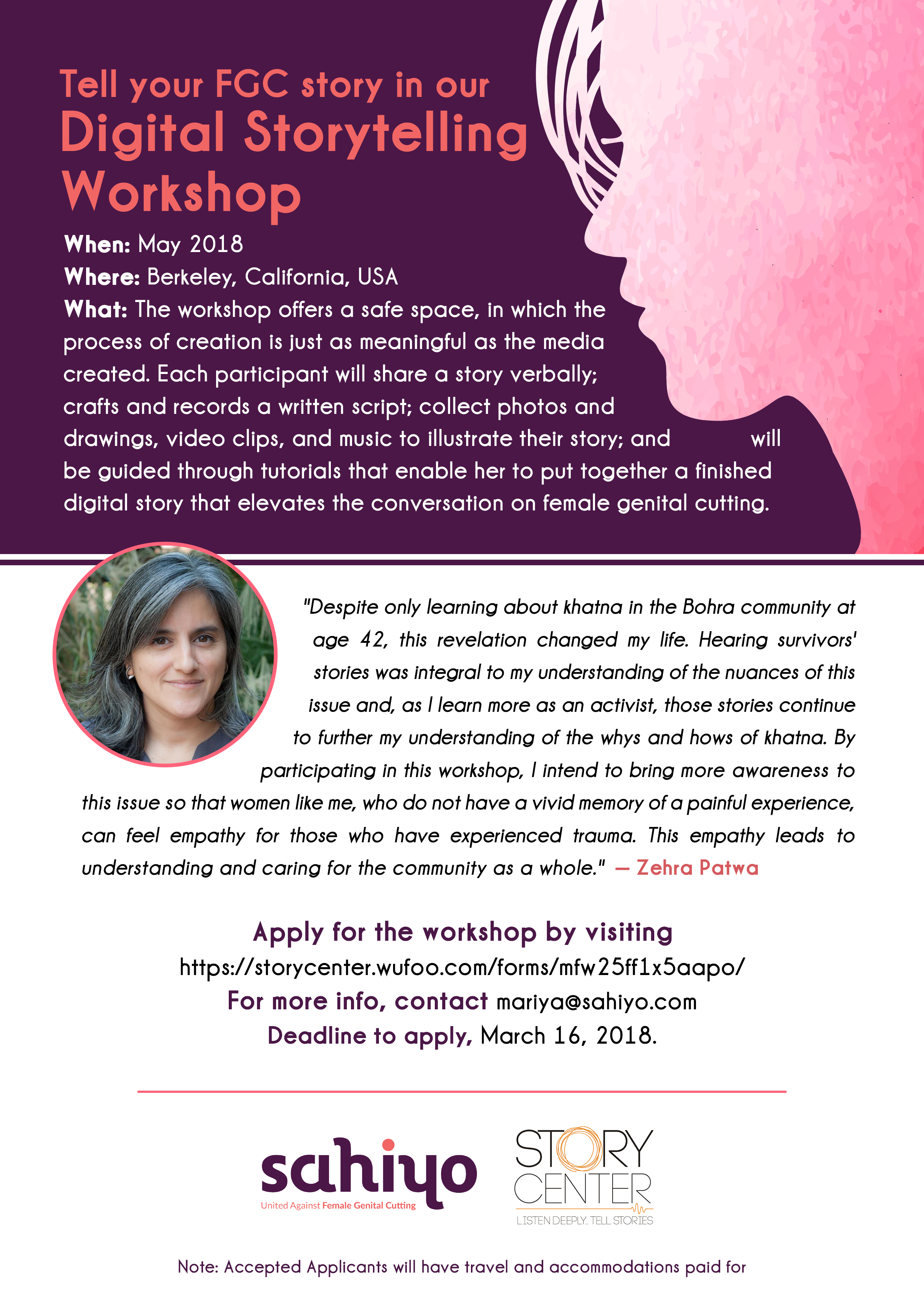 Sahiyo in the U.S. presents a workshop opportunity in May 2018 in collaboration with StoryCenter